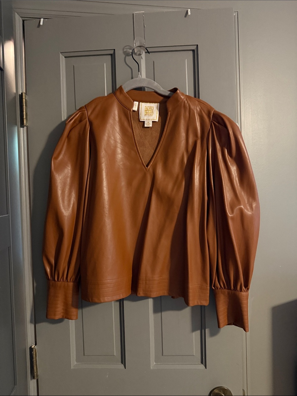 Emily McCarthy Faux Leather V-Neck Puff Sleeve Top
